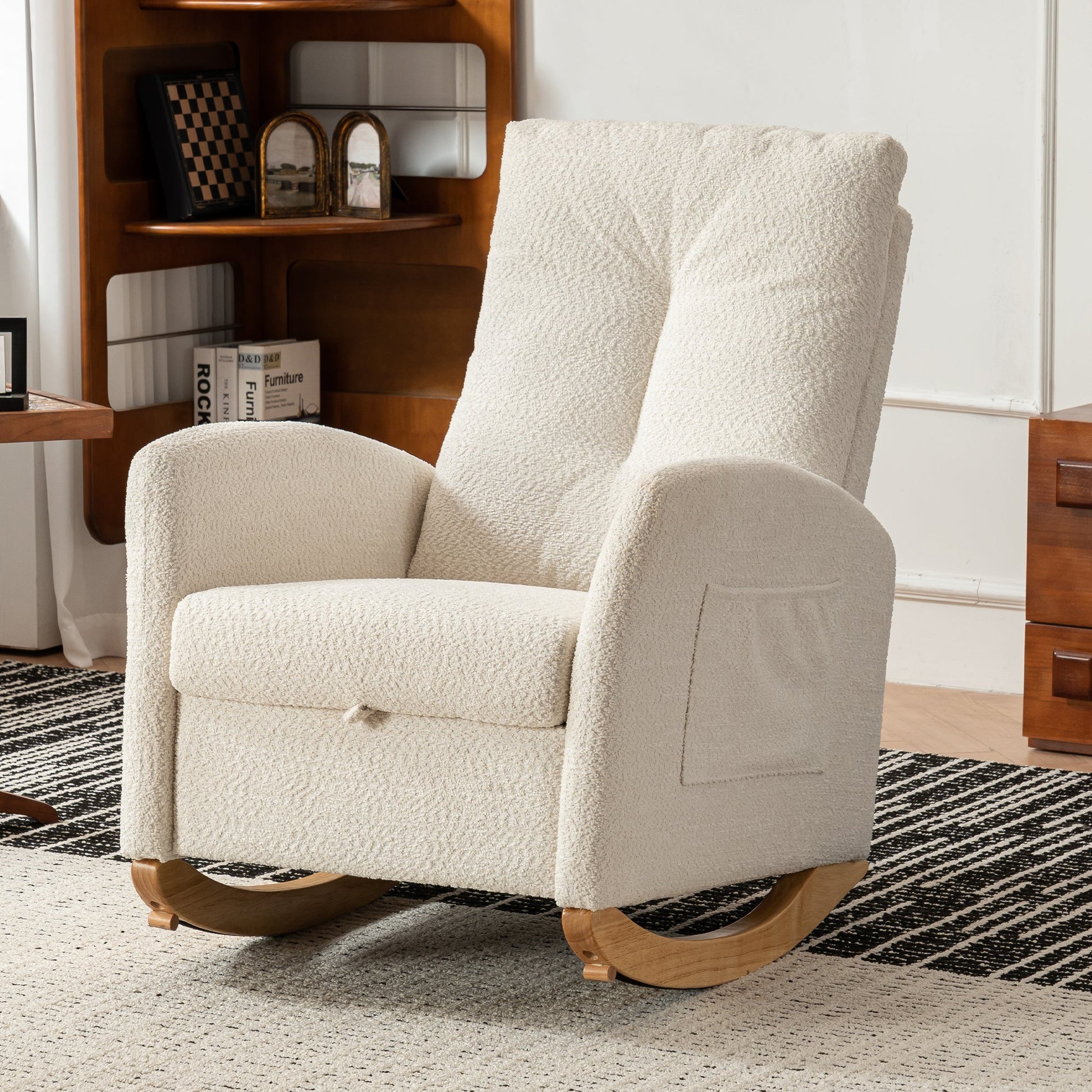 Accent Rocking  Chair with Footrest High Back Rubber Wood Rocking Legs Bedroom Living Space - Korvel