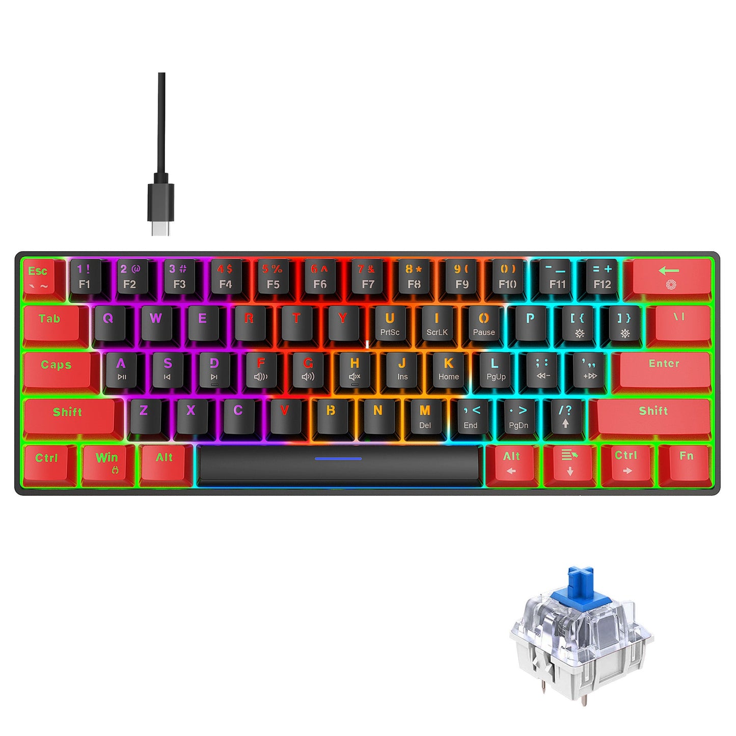 Mechanical keyboard 61 key short style small keyboard for office typing, black and white dual splicing ice blue backlit blue axis gaming keyboard - Korvel