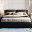 Queen Size Upholstered Faux Leather Platform Bed with LED Light Bed Frame with Slatted - Black - Korvel