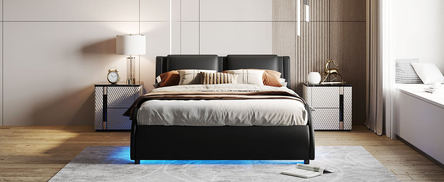Queen Size Upholstered Faux Leather Platform Bed with LED Light Bed Frame with Slatted - Black - Korvel