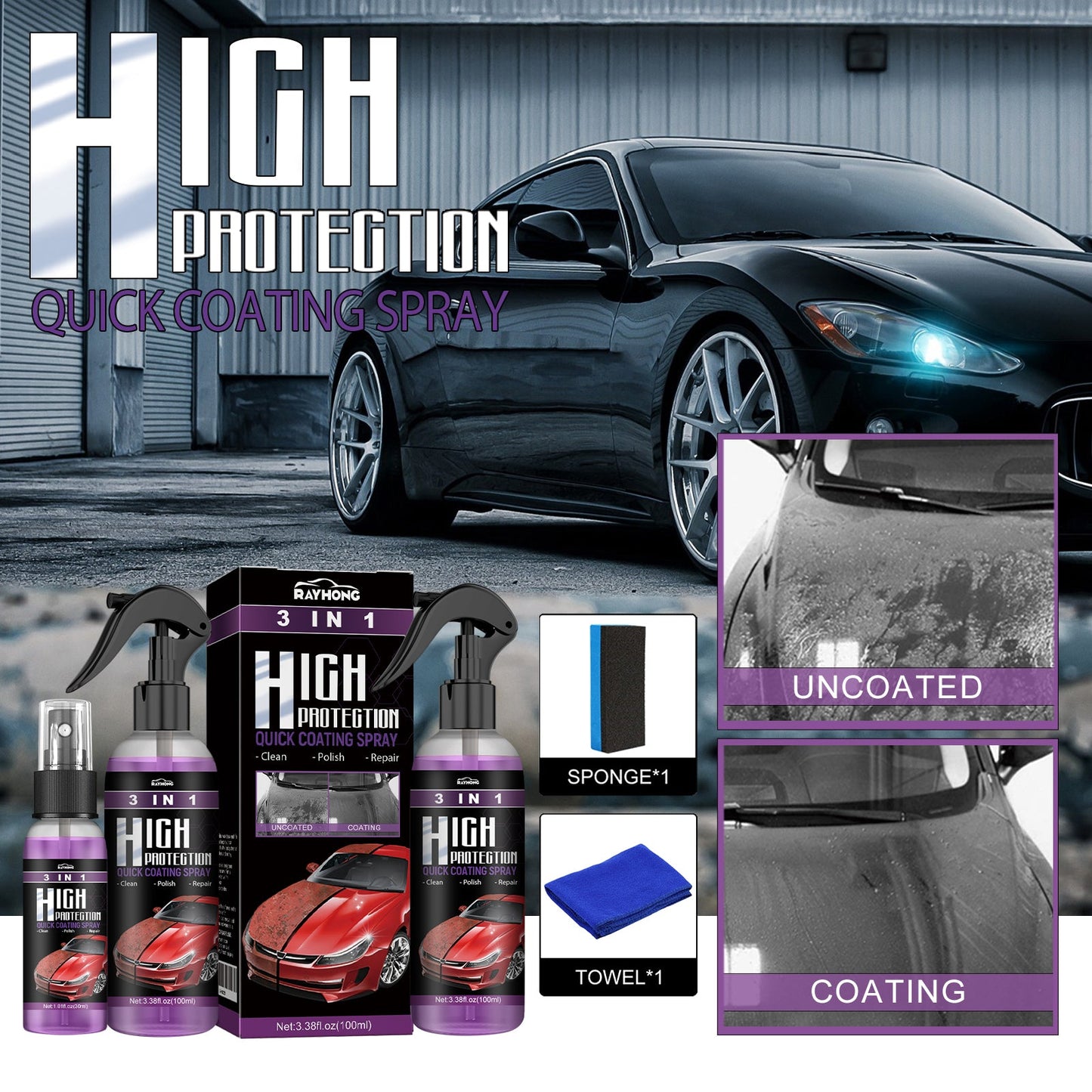 3 In 1 High Protection Quick Car Coating Spray, Diy Paint Change Color Cleaning Coating Spray - Korvel