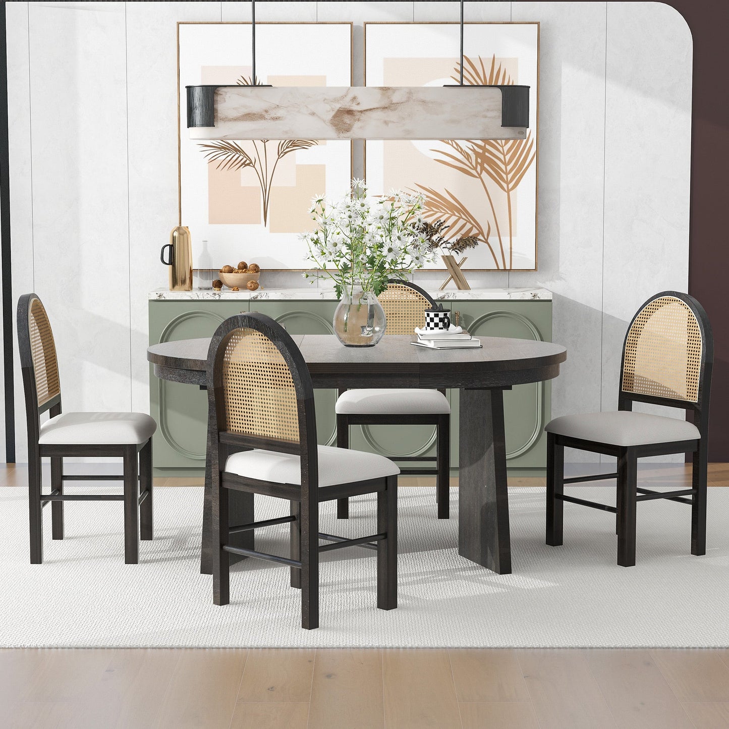 TREXM 5-Piece Retro Dining Set with Expandable Table & Chairs