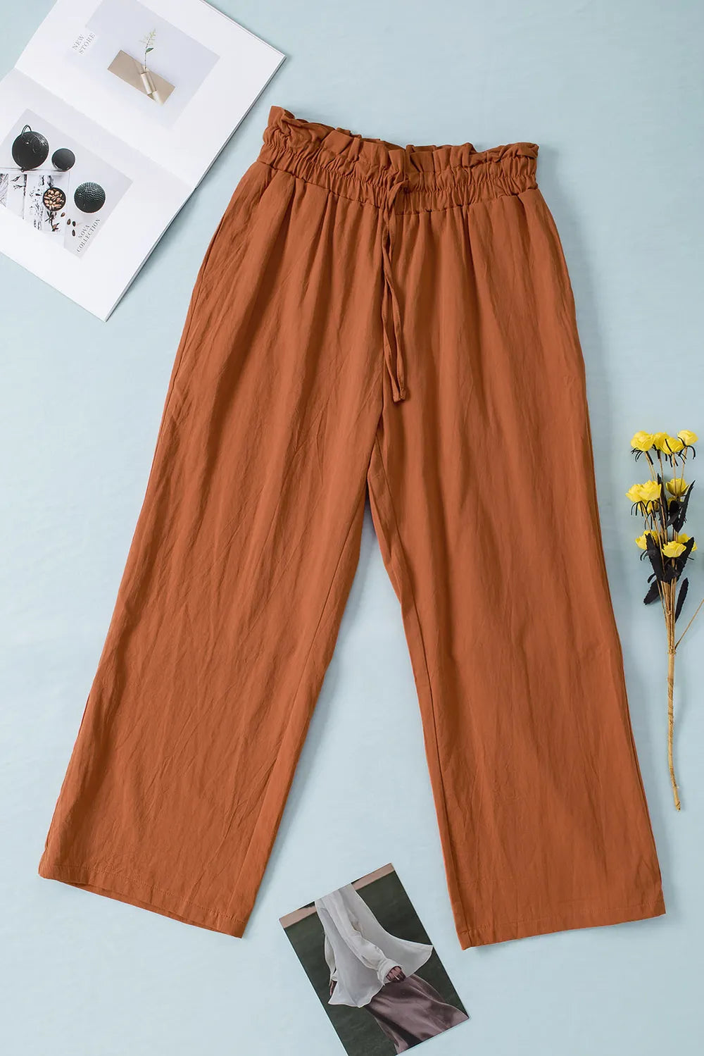 Drawstring Paperbag Waist Wide Leg Pants - Korvel