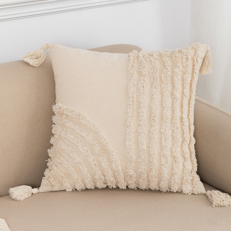 Tassels Cushion Cover 45x45cm Beige White Pillow Covers Decorative Pillow Case Square Home Boho Decor Macrame Pillowcase - Korvel
