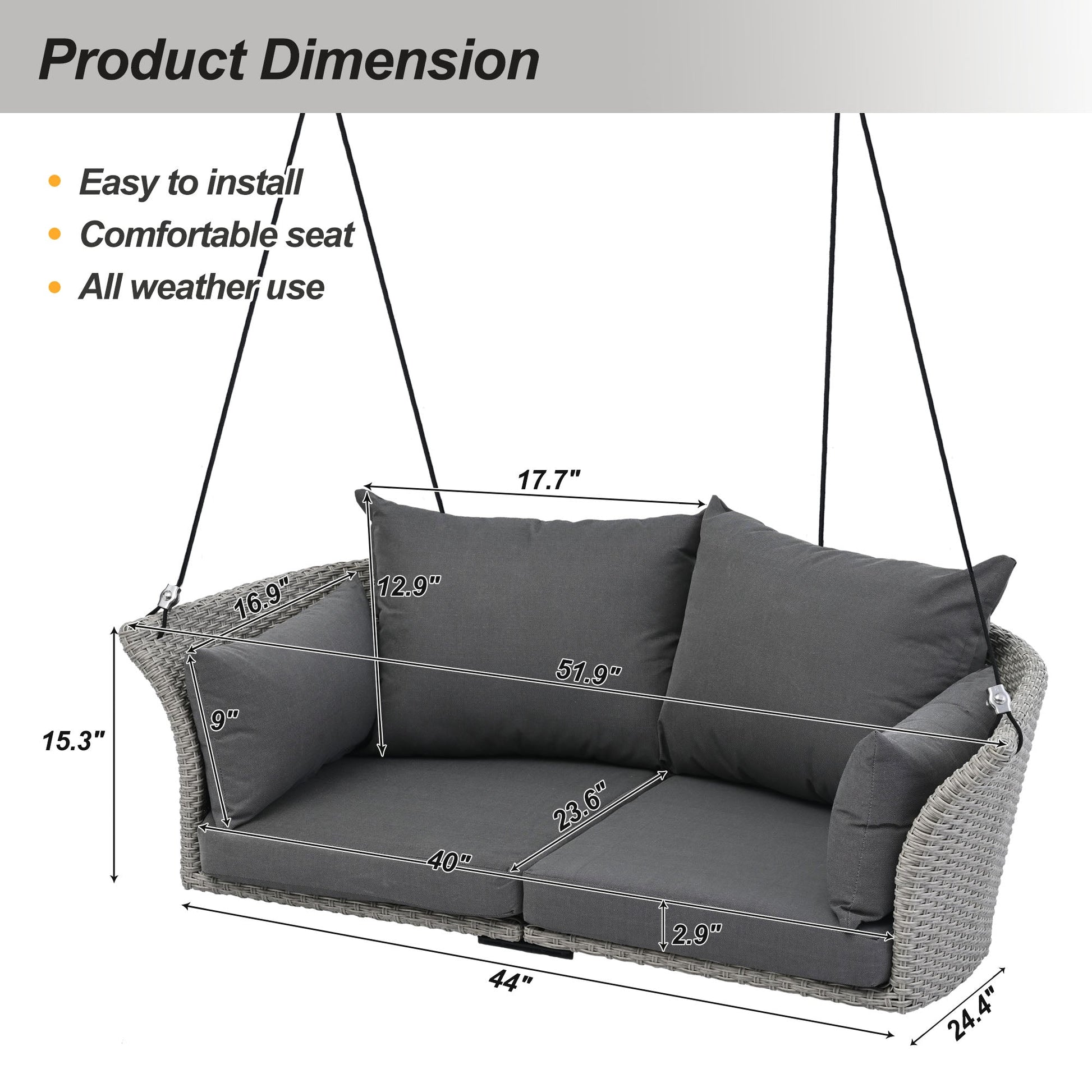 GO 51.9" 2-Person Hanging Seat, Rattan Woven Swing Chair, Porch Swing With Ropes, Gray Wicker And Cushion - Korvel