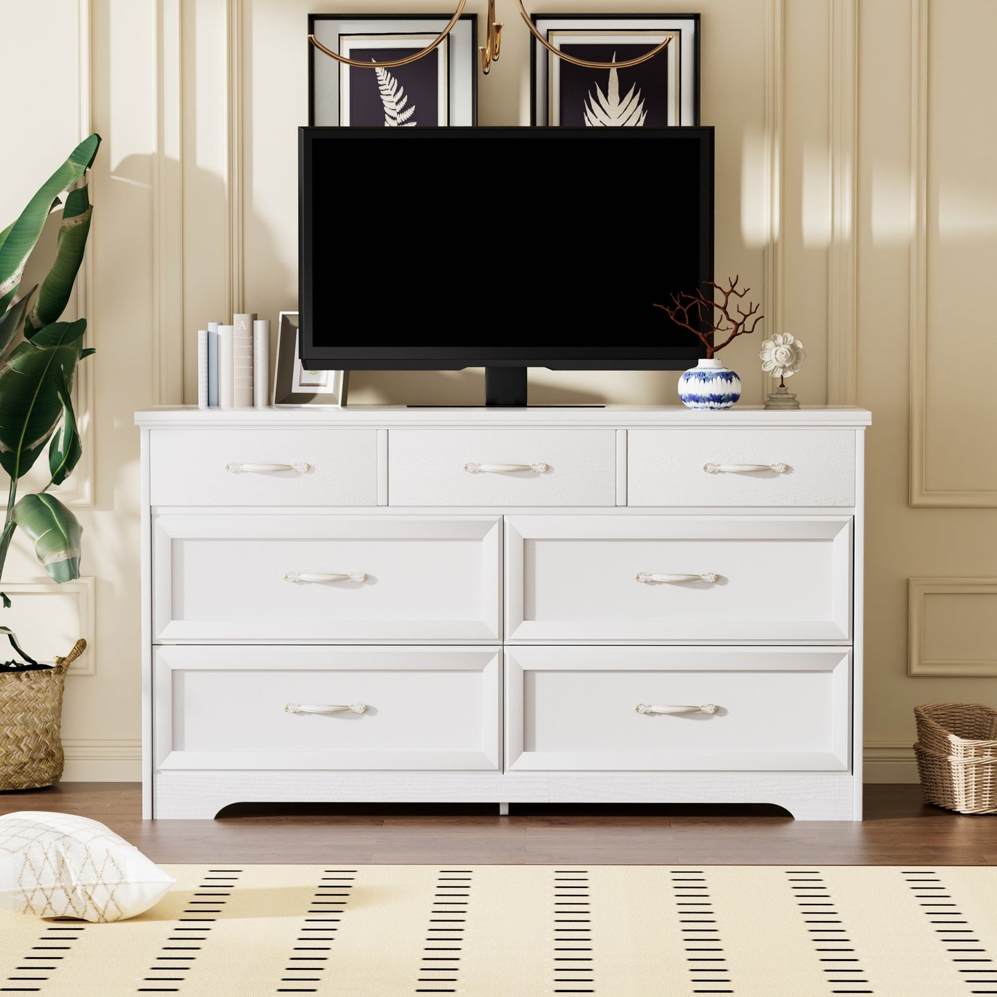 Modern 3 Drawer Bedroom Chest of Drawers with 7 Drawers Dresser Clothes Organizer -Metal Pulls White, 47.6″L x 15.7″W x 26.6″H - Korvel