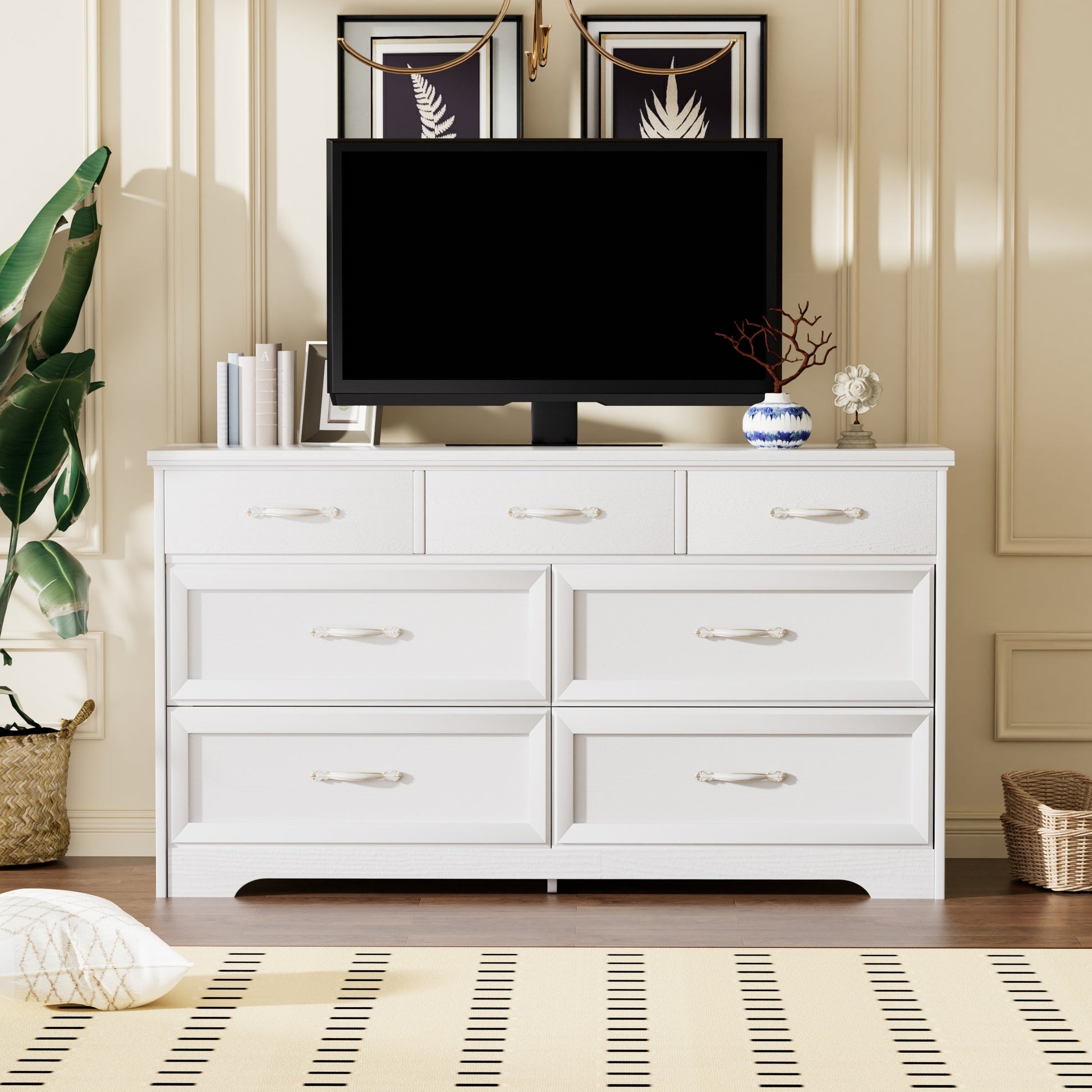 Modern 3 Drawer Bedroom Chest of Drawers with 7 Drawers Dresser Clothes Organizer -Metal Pulls White, 47.6″L x 15.7″W x 26.6″H - Korvel