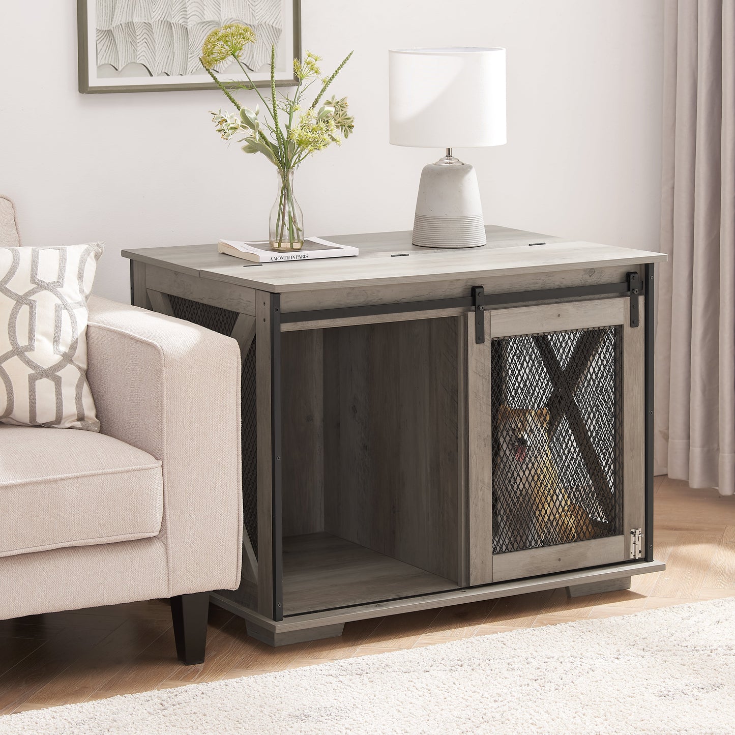 Farmhouse Dog Cage Crate Furniture with Sliding Barn Door, Farmhouse Wooden Dog Kennel End Table with Flip-top Plate Dog House - Korvel