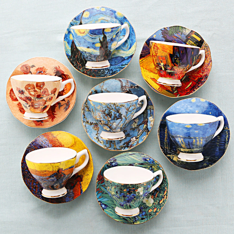 British Luxe Saucer and Spoon Afternoon Tea Cup with Van Gogh Oil Painting Design, Bone China Coffee Cup, Creative Souvenir Ceramic Mug - Korvel