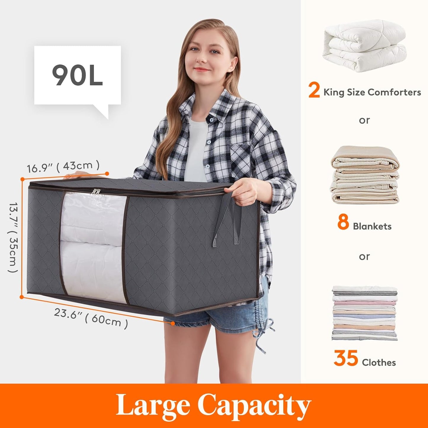 Ensemble de sacs de rangement pour vêtements grande capacité - 3 pièces, 90L, gris