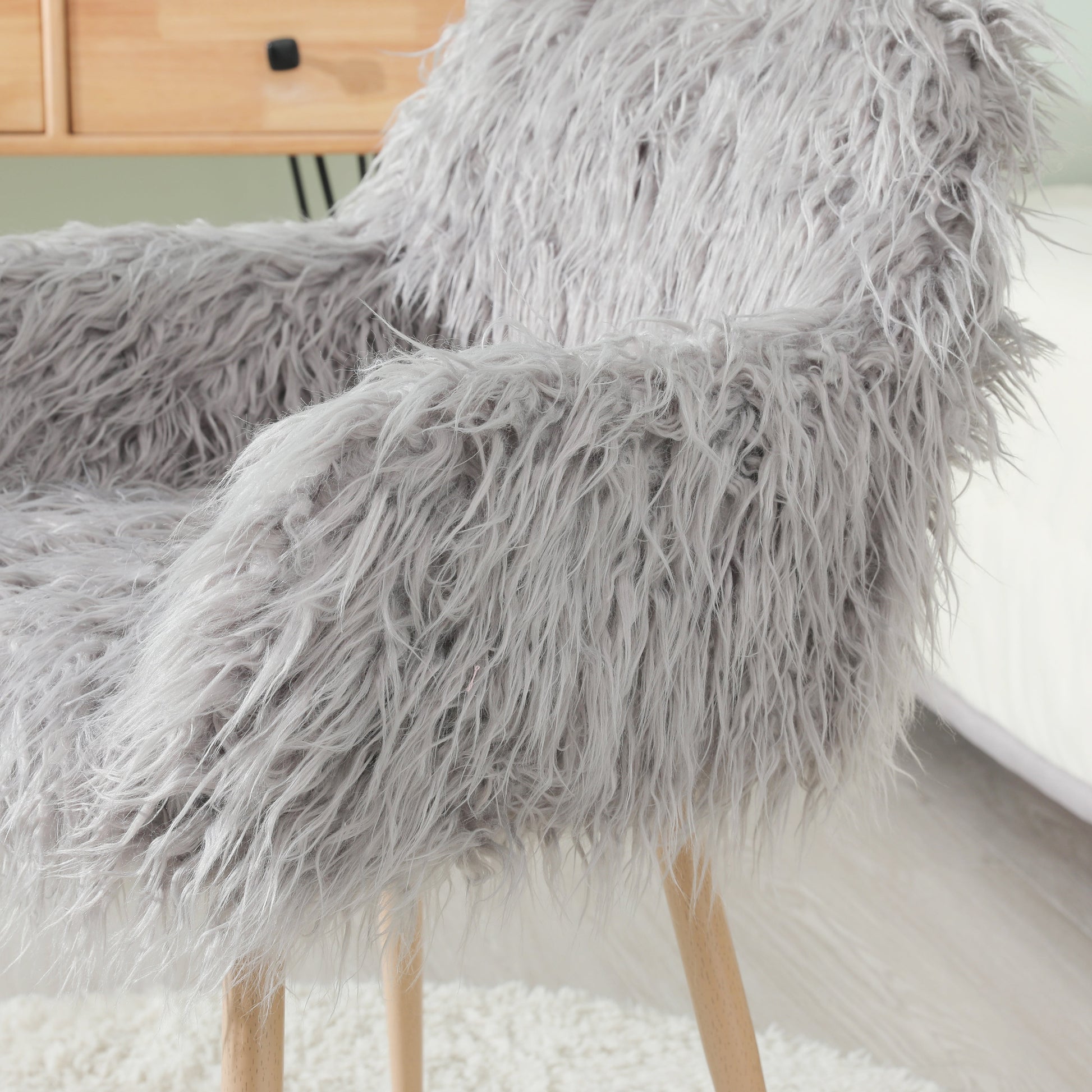 GREY Faux Fur Upholstered Make up chair Side Dining Chair with Metal Leg(GREY+Beech Metal Leg) - Korvel