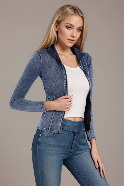 Pocketed Turtleneck Zip Up Denim Top - Korvel