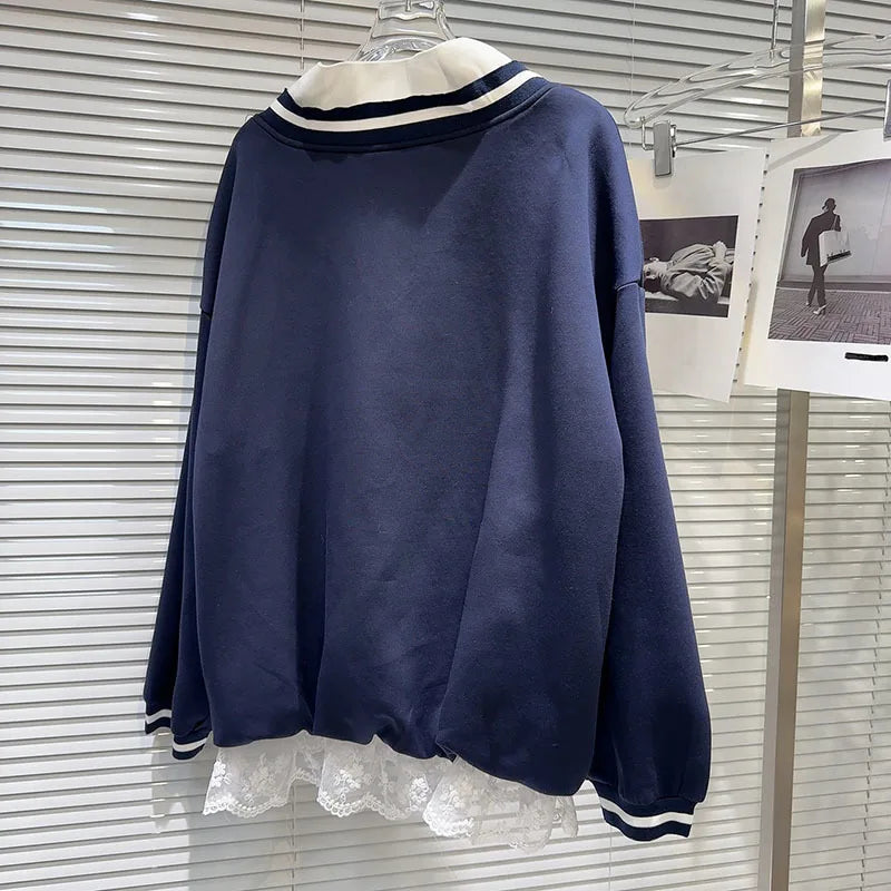 Conjunto de Sudadera con Cuello en V y Pantalones Cortos con Encaje para Mujeres Otoñales