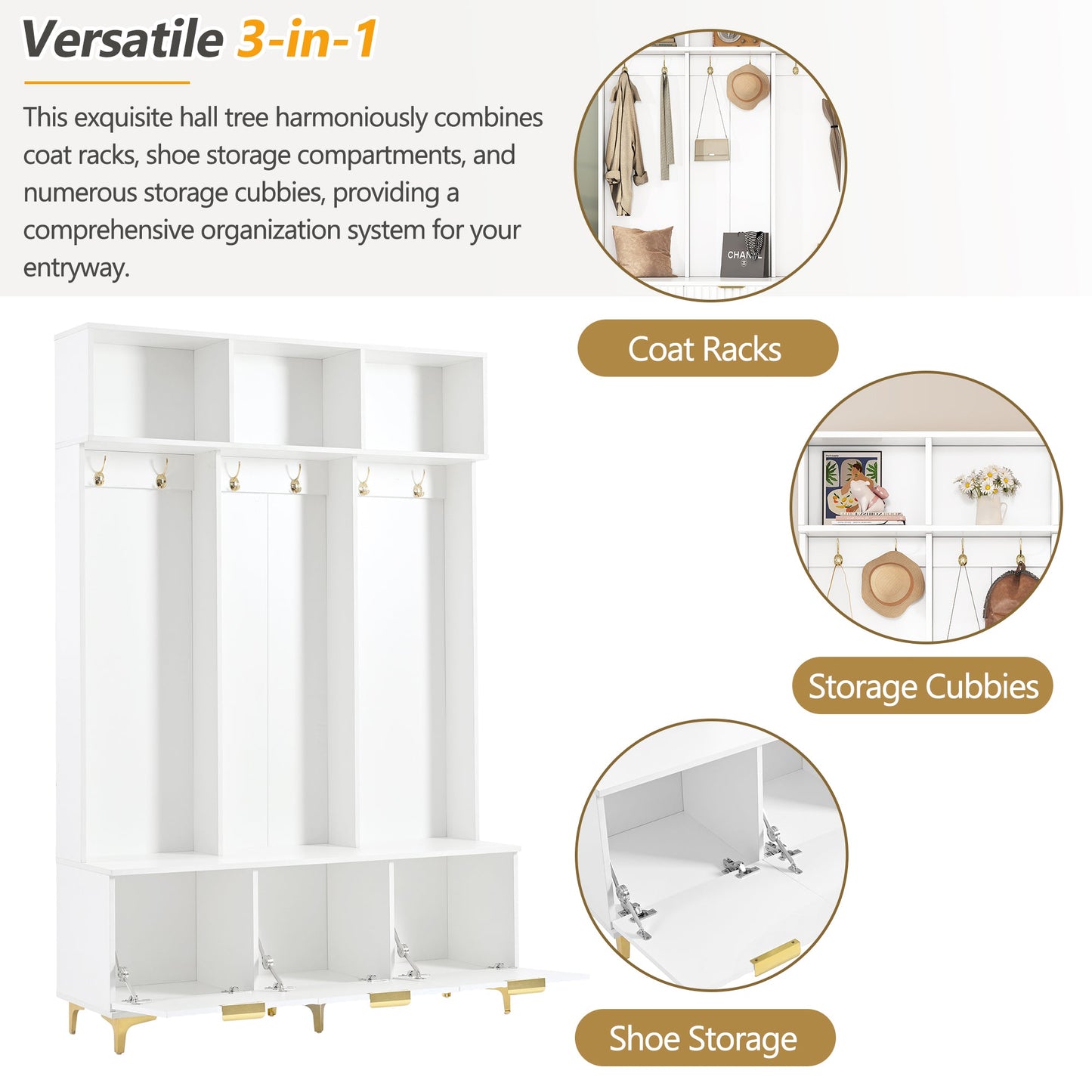 Large storage hall tree with bench, multifunctional storage platform, luxury clothes hanger equipped with 6 gold hooks - Korvel