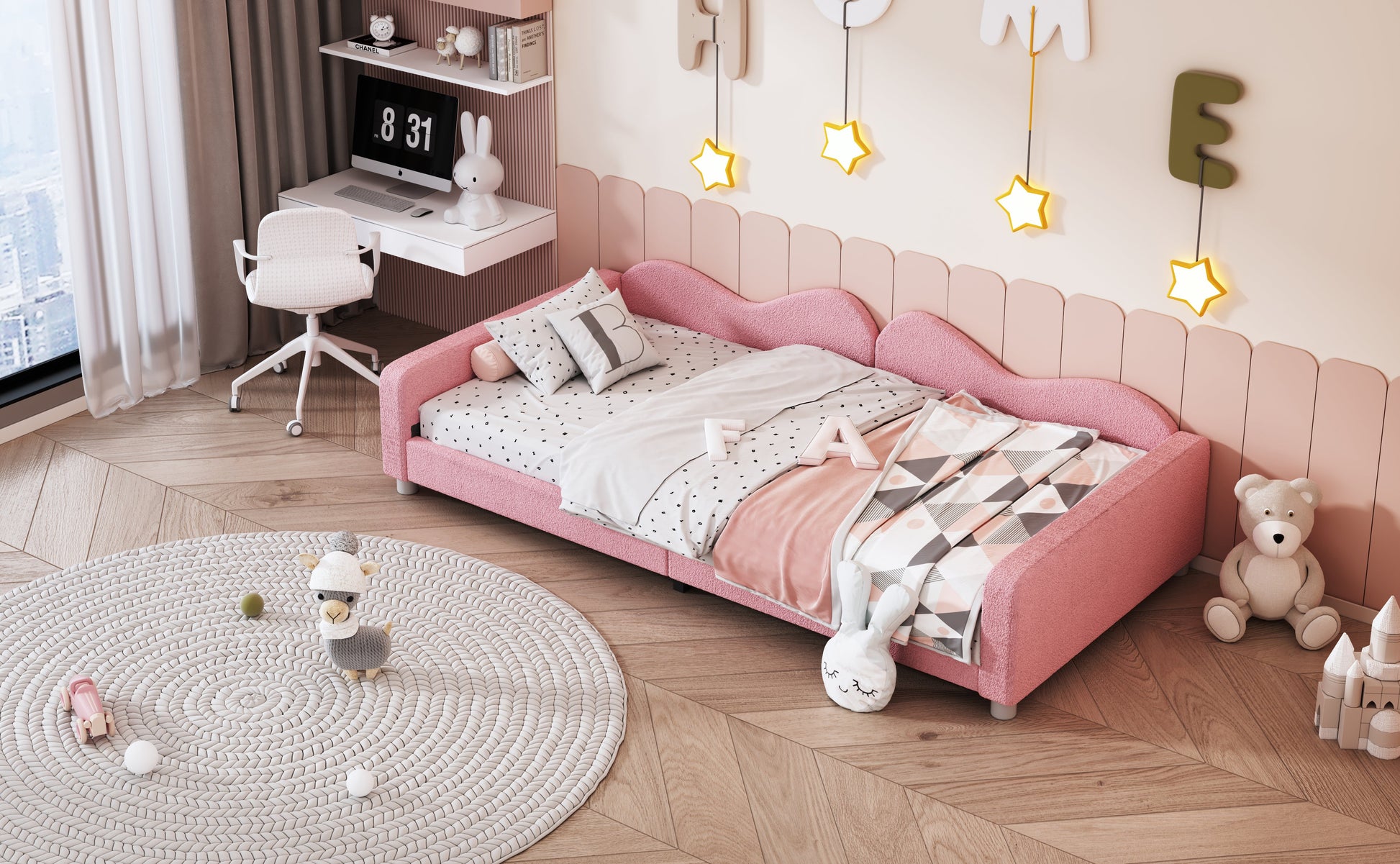 Twin size Upholstered Daybed, Sherpa Fabric Sofabed with Cloud-Shaped Backrest, No Box-spring Needed, Pink - Korvel