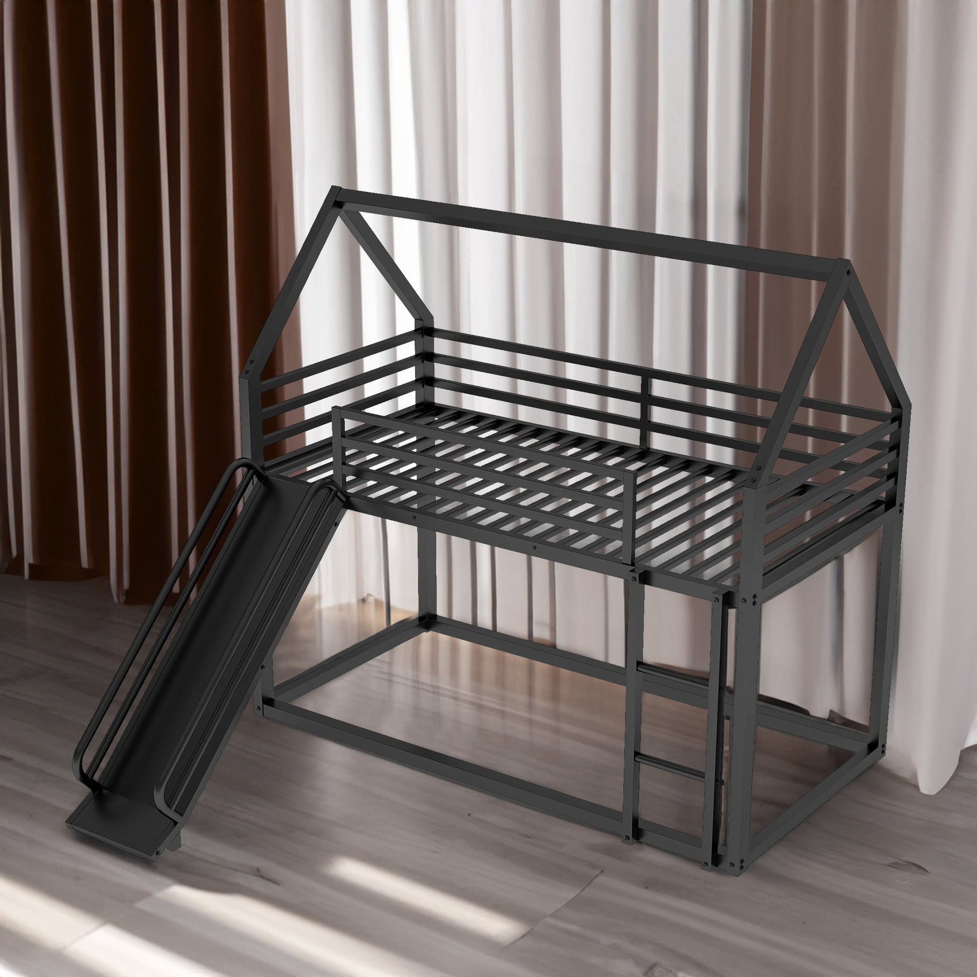 Twin over Twin House Bunk Bed with Ladder and Slide,Black - Korvel