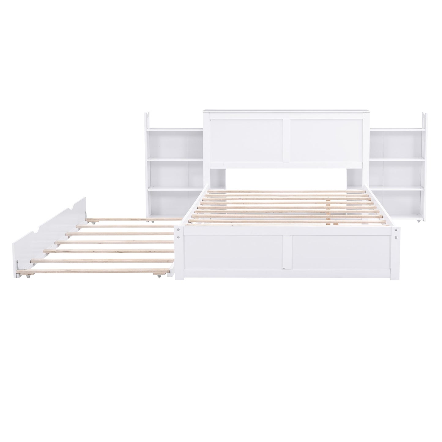Full Size Storage Platform Bed with Pull Out Shelves and Twin Size Trundle, White - Korvel