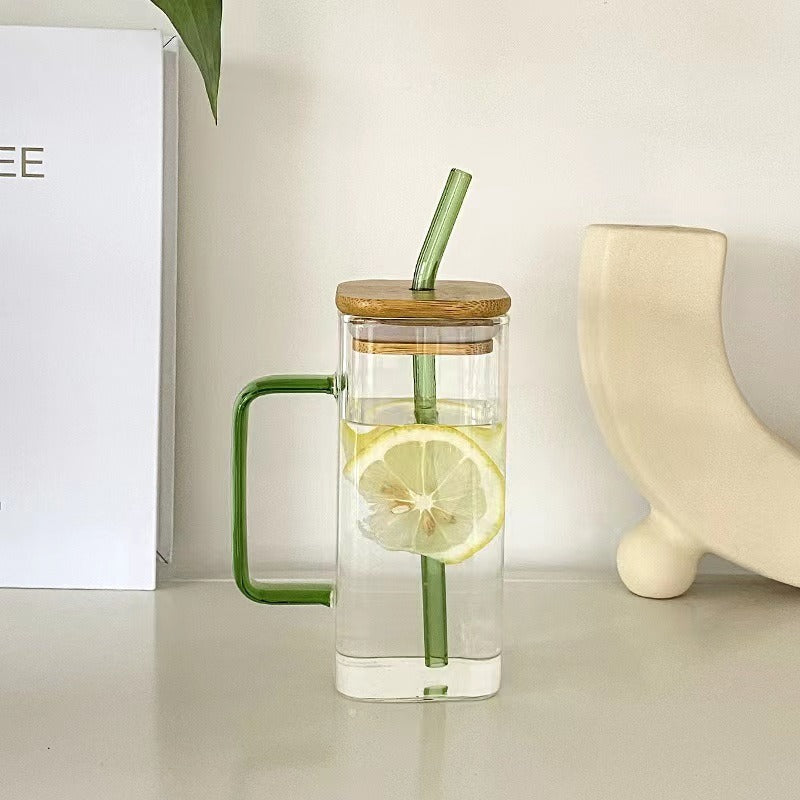 Square colored handle cup glass straw cup with lid milk tea cup with large capacity - Korvel