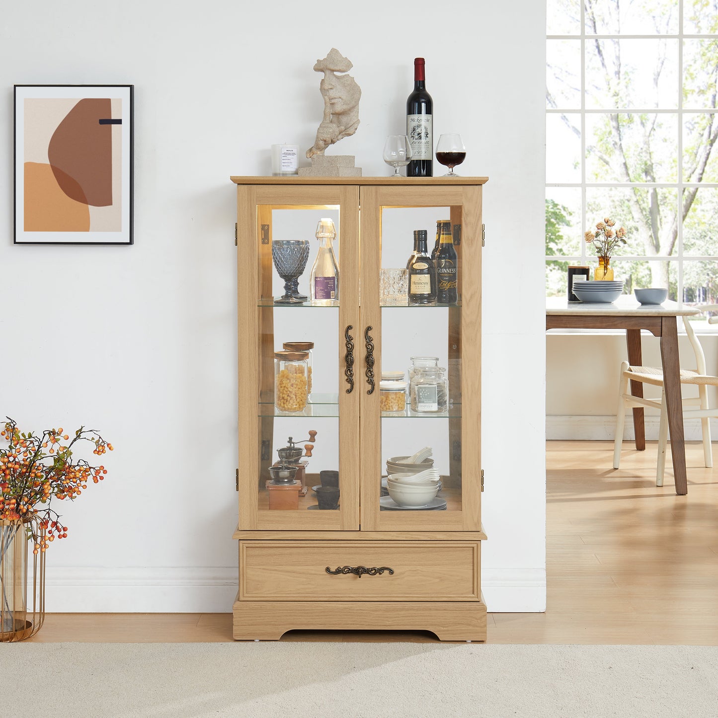 Light colored glass cabinet with adjustable glass frame, including cabinet light bulbs OAK with 2 doors and 1 drawer - Korvel