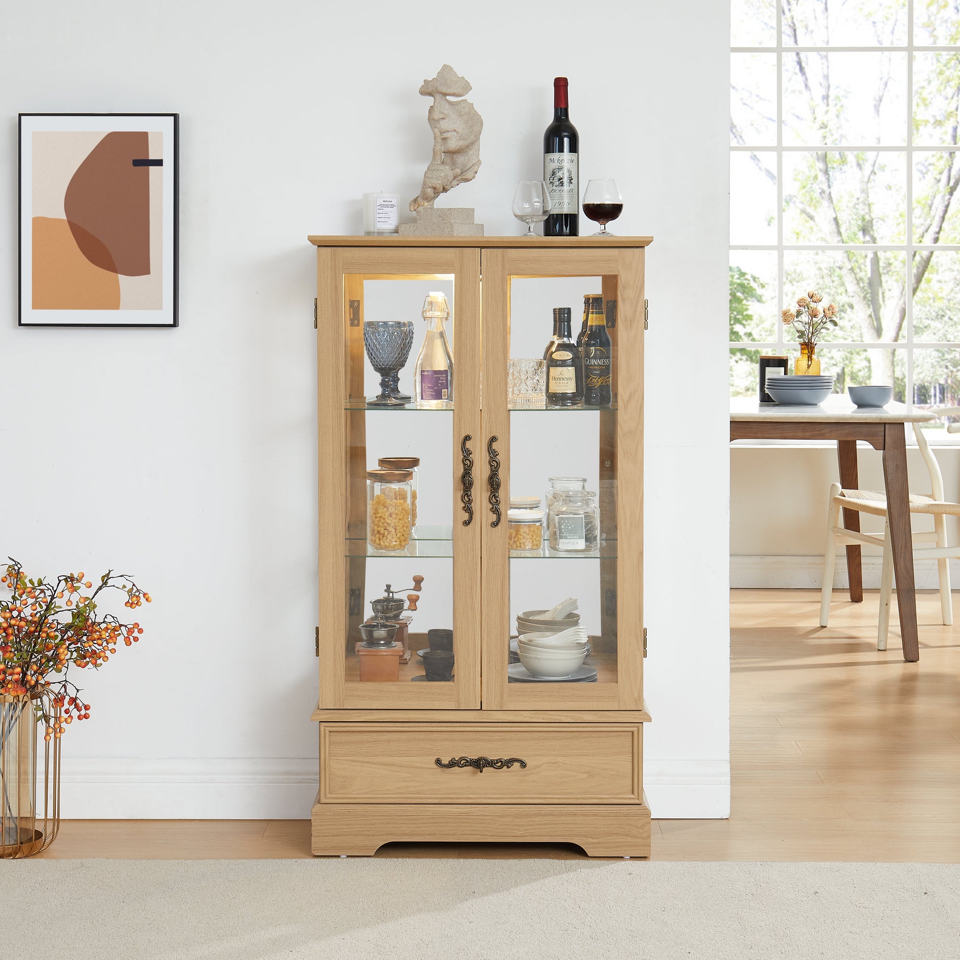 Light colored glass cabinet with adjustable glass frame, including cabinet light bulbs OAK with 2 doors and 1 drawer - Korvel