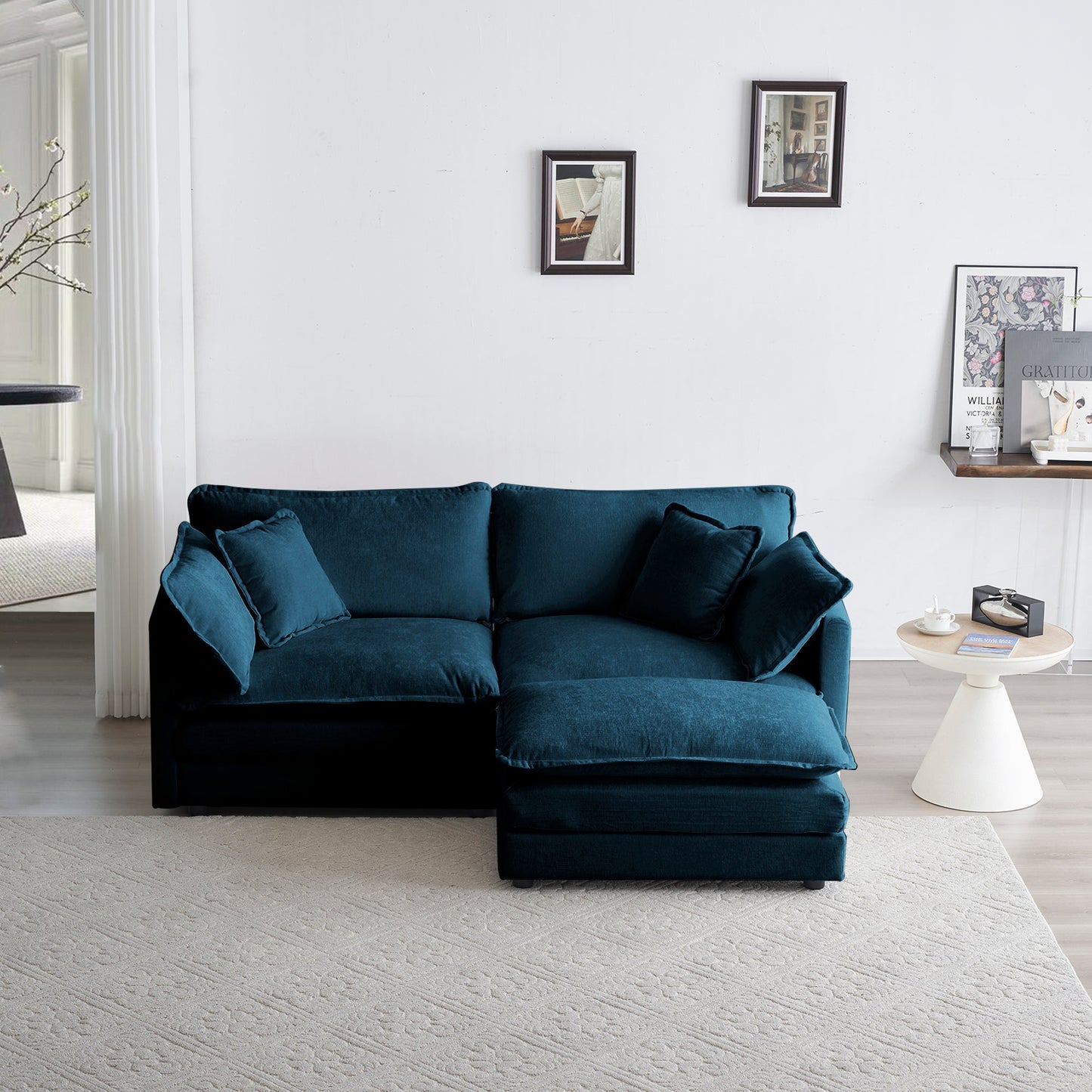 Chenille double sofa with 1 foot pedal, 2 seats L-shaped section, Ottoman style blue Chenille - Korvel