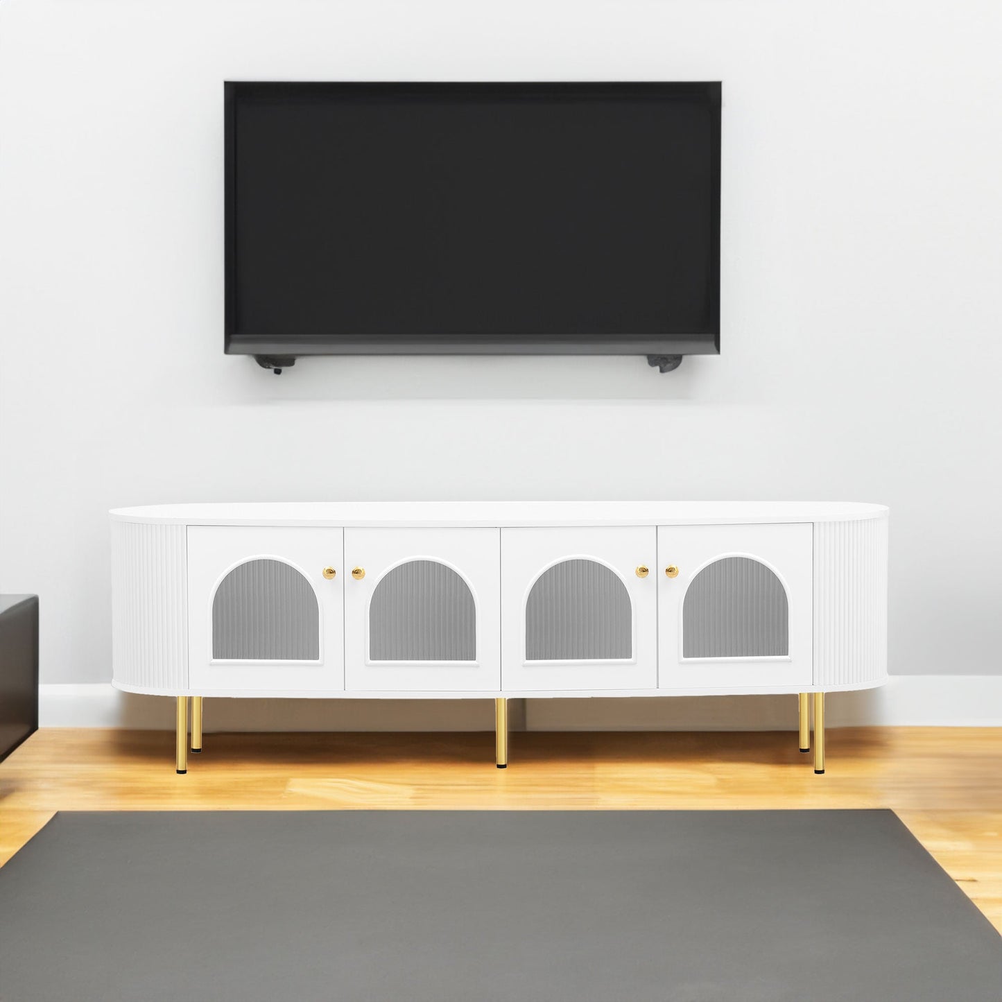 U-Can Modern TV Stand for TVs up to 80 Inches, Entertainment Center with 4 Cabinets, Wood with Metal Legs and Handles White - Korvel
