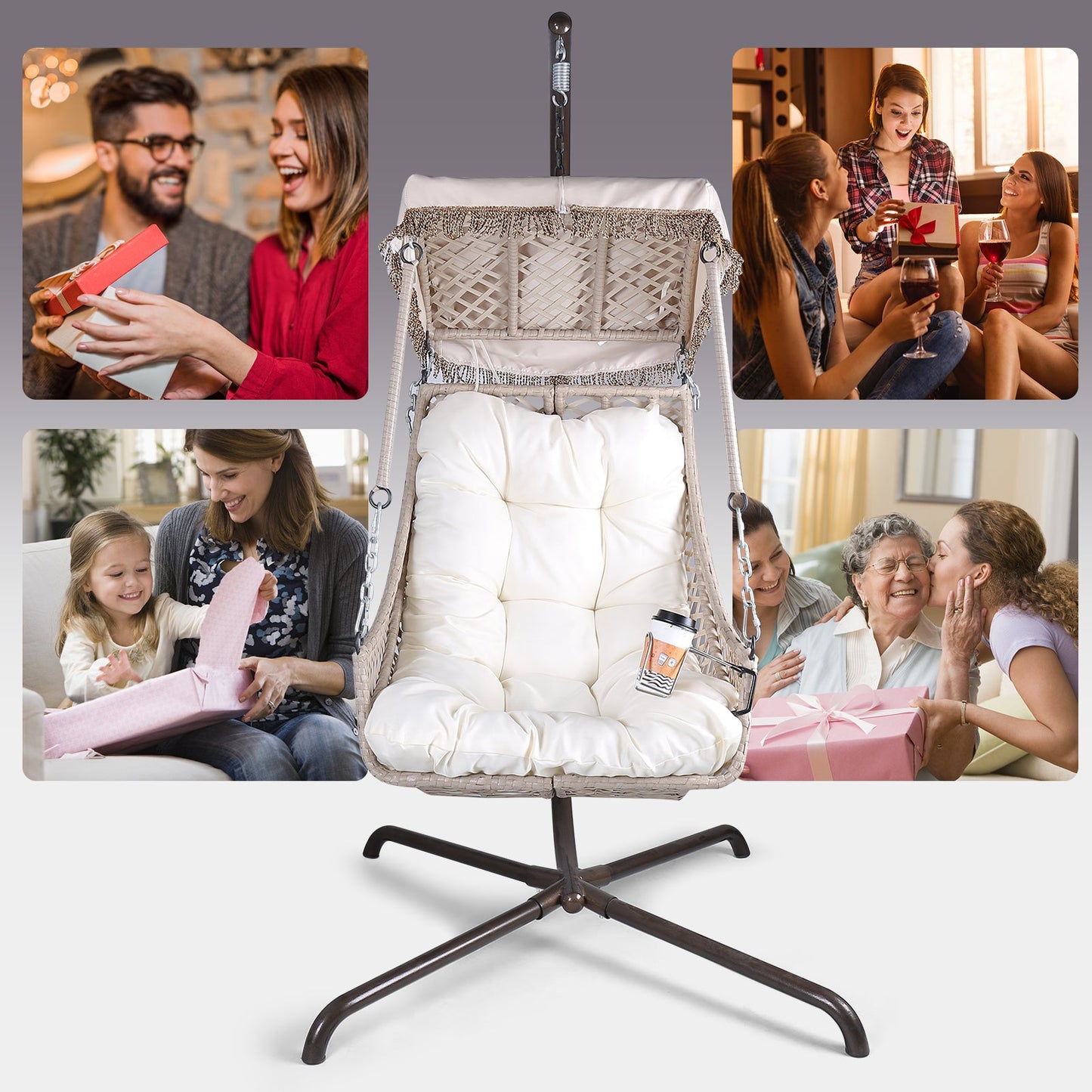 Swing Egg Chair with Stand Indoor Outdoor Wicker Rattan Frame 350lbs Capacity Hammock Chair for Patio Bedroom with Sunshade Clot - Korvel