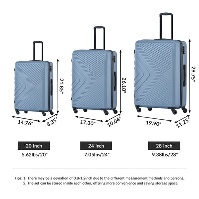 3 Piece Lightweight Luggage Set with Spinner Wheels - Blue