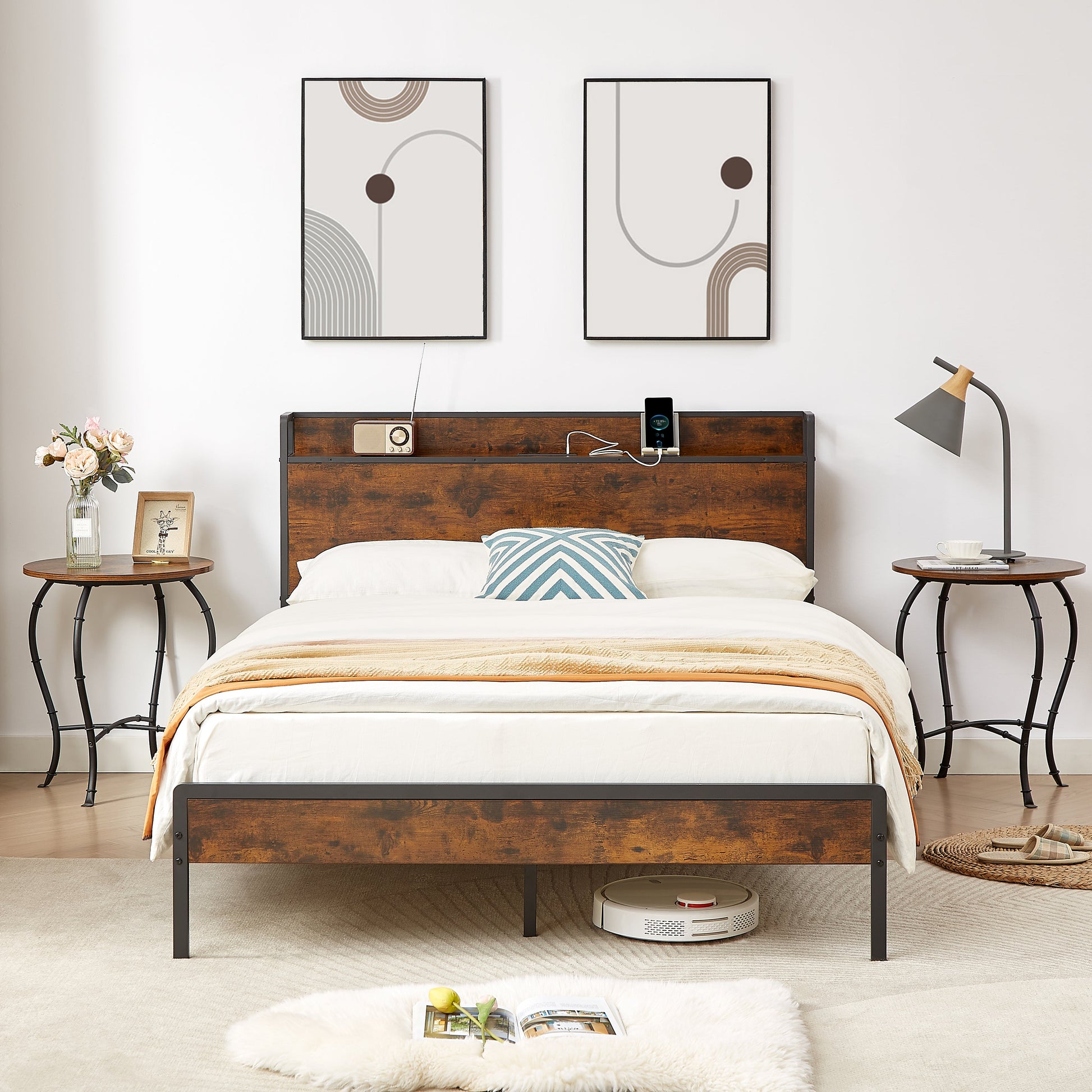 Bed frame with charging station full size, Rustic Brown, 83.1'' L x 56.1'' W x 39'' H - Korvel
