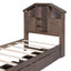 Twin Size Wood Platform Bed with House-shaped Storage Headboard and 2 Drawers Walnut - Korvel