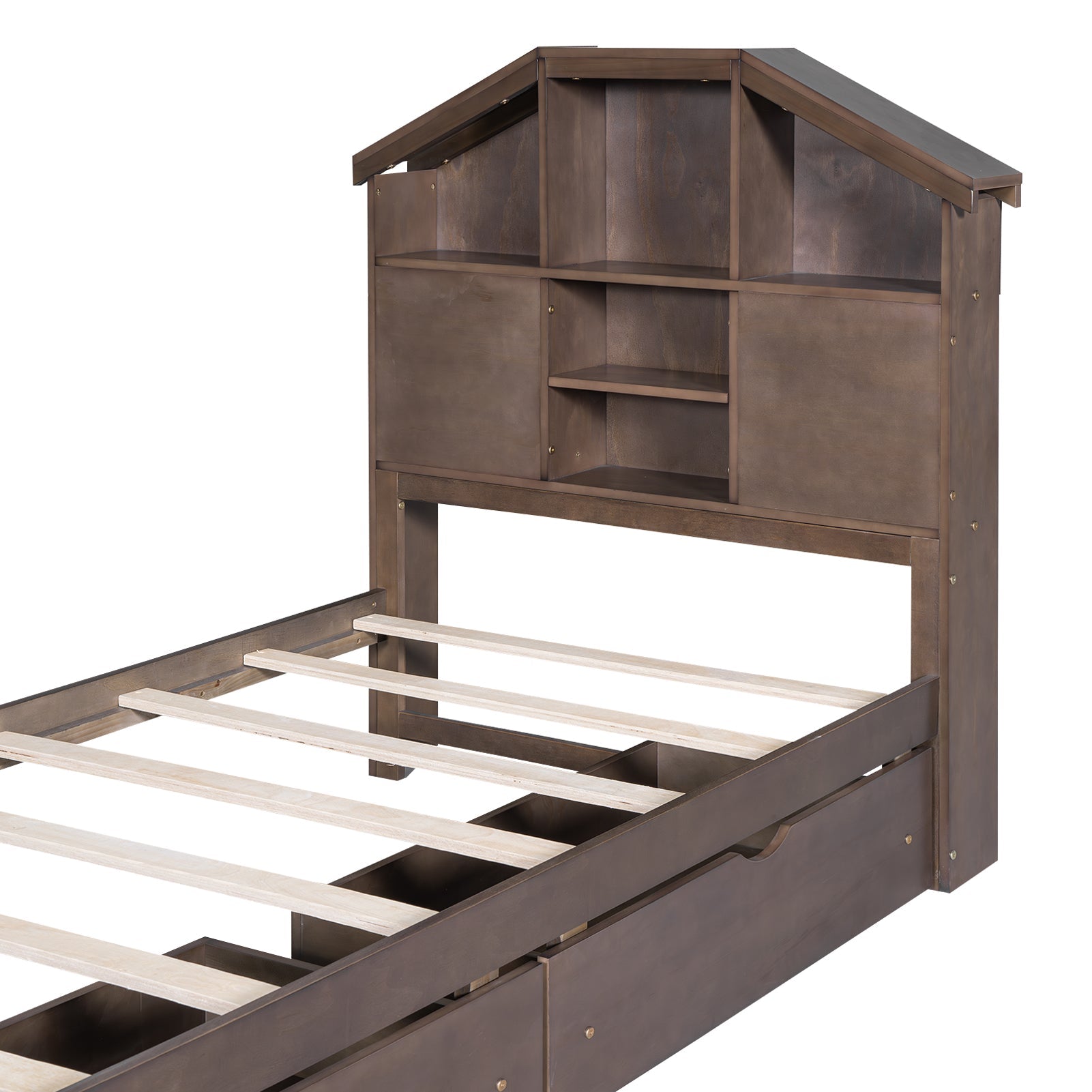 Twin Size Wood Platform Bed with House-shaped Storage Headboard and 2 Drawers Walnut - Korvel