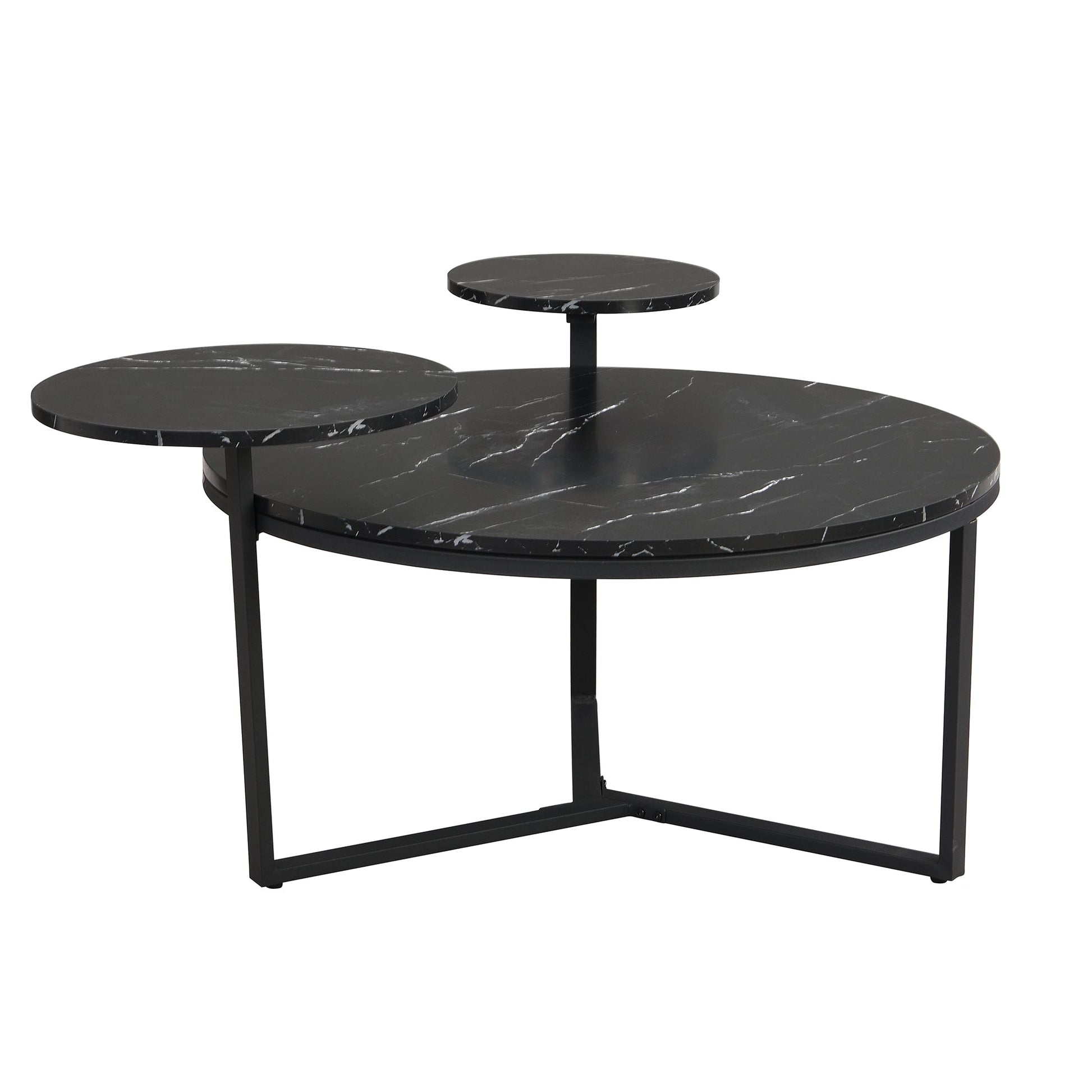 Modern coffee table with two display shelves, Black Faux marble surfaces, Tripod-inspired base,Rounded tabletop edges - Korvel