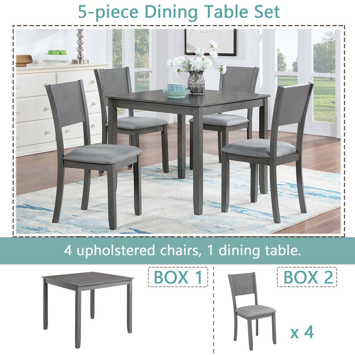 Ensemble de salle à manger moderne 5 pièces avec chaises rembourrées - Gris