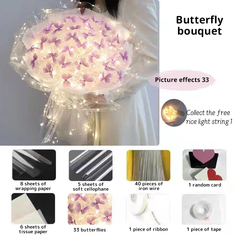 New DIY Butterfly Bouquets Handmade Butterfly Flower Material Package Bouquet with Light String Wedding Decor Gift for Girlfrien - Korvel