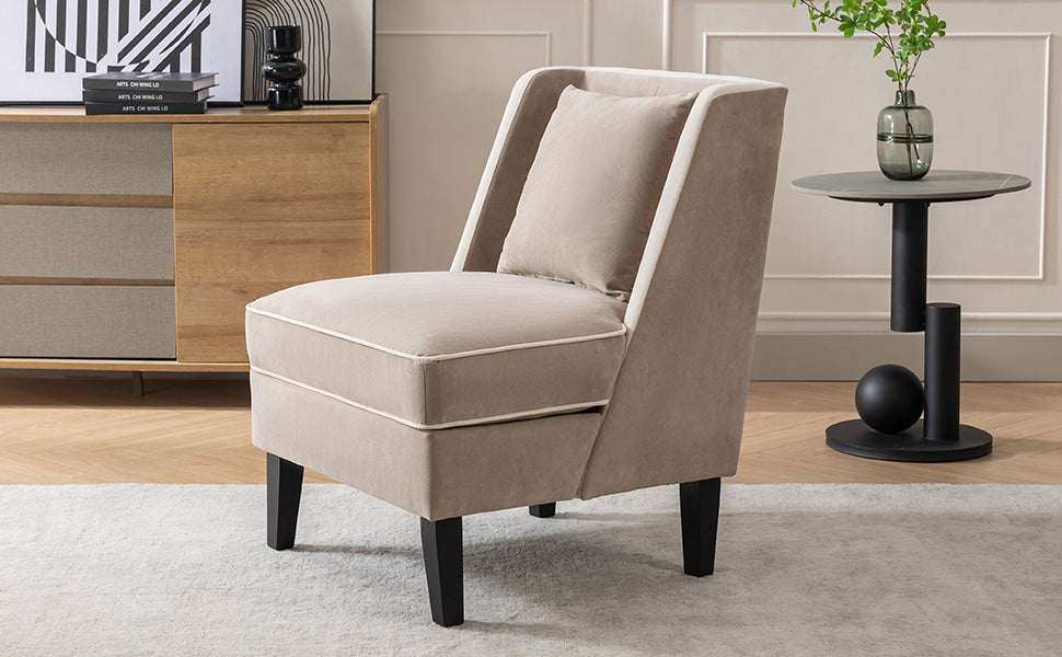 Velvet Upholstered Accent Chair with Cream Piping, Tan and Cream - Korvel