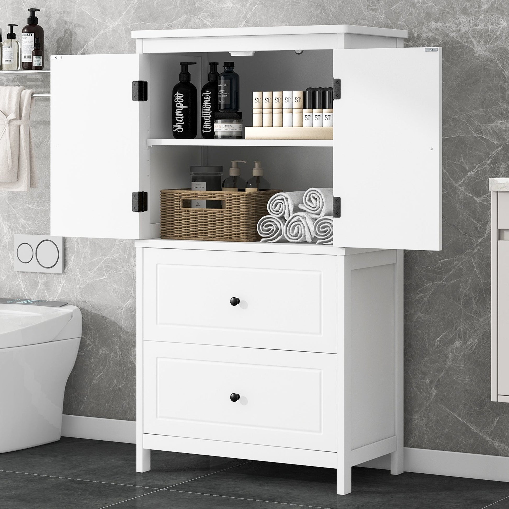 Bathroom Storage Cabinet, Cabinet with Two Doors and Drawers, Adjustable Shelf, MDF Board, White - Korvel
