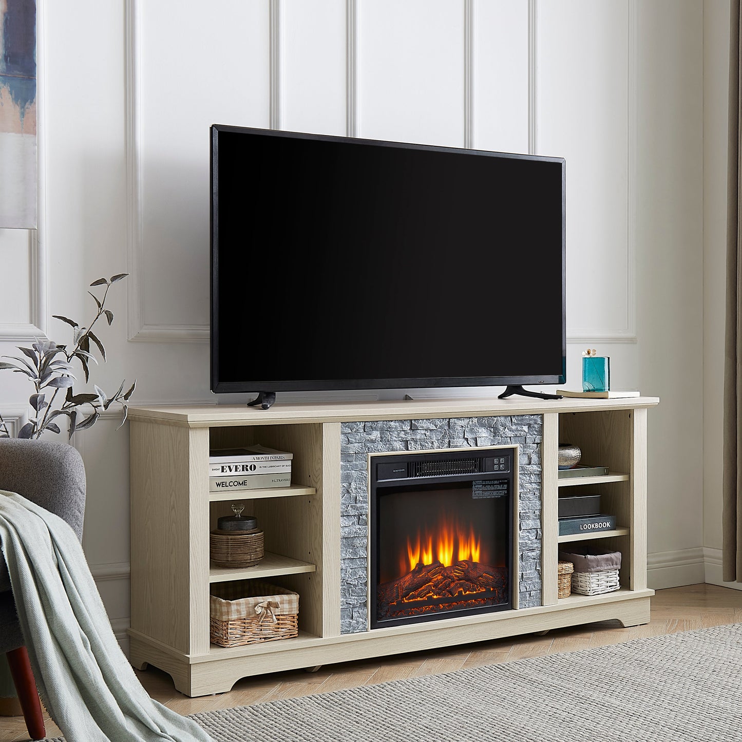 Meuble TV avec foyer électrique en pierre Mantel et rangement ouvert
