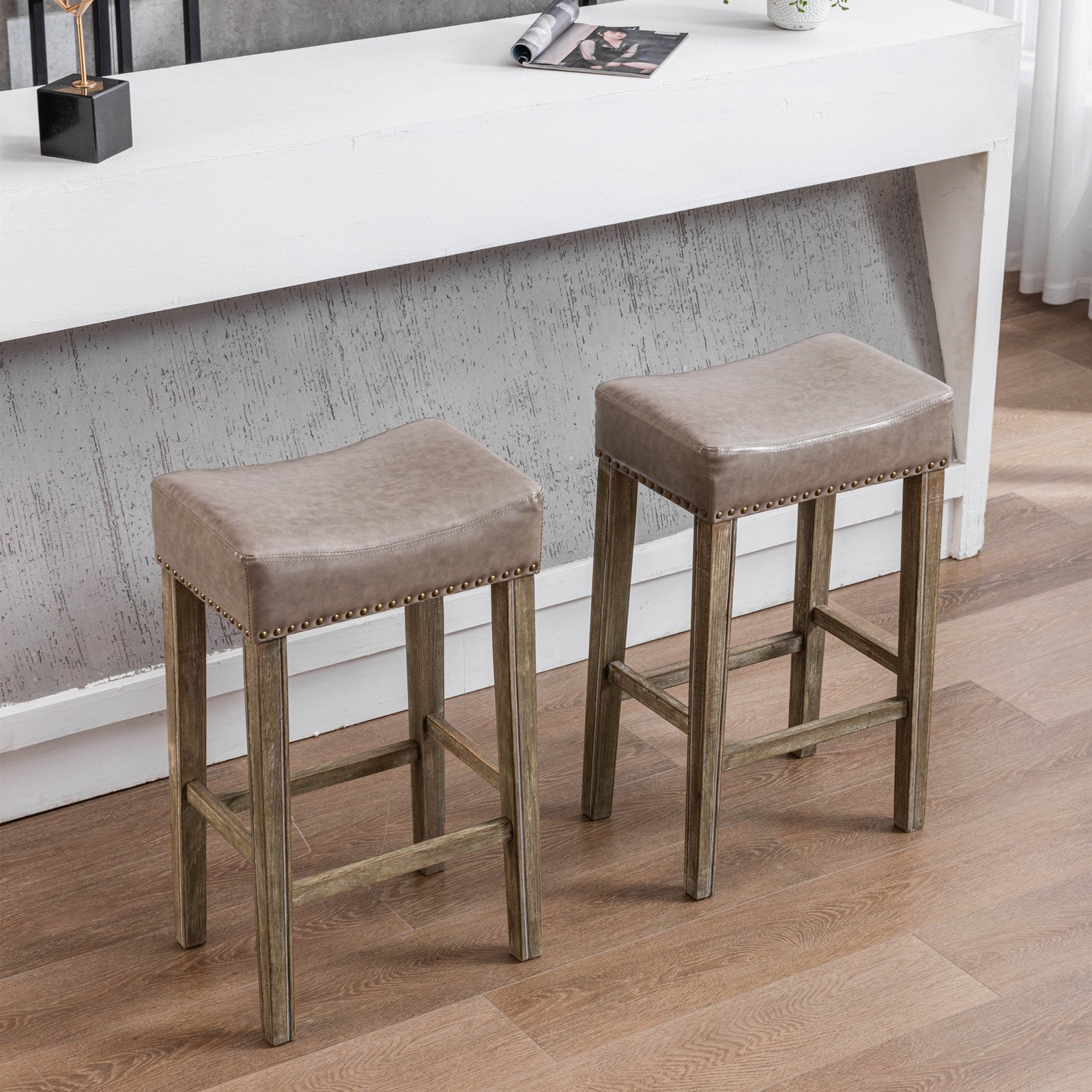 Counter Height 29" Bar Stools for Kitchen Counter Backless Faux Leather Stools Farmhouse Island Chairs (29 Inch Gray Set of 2) - Korvel