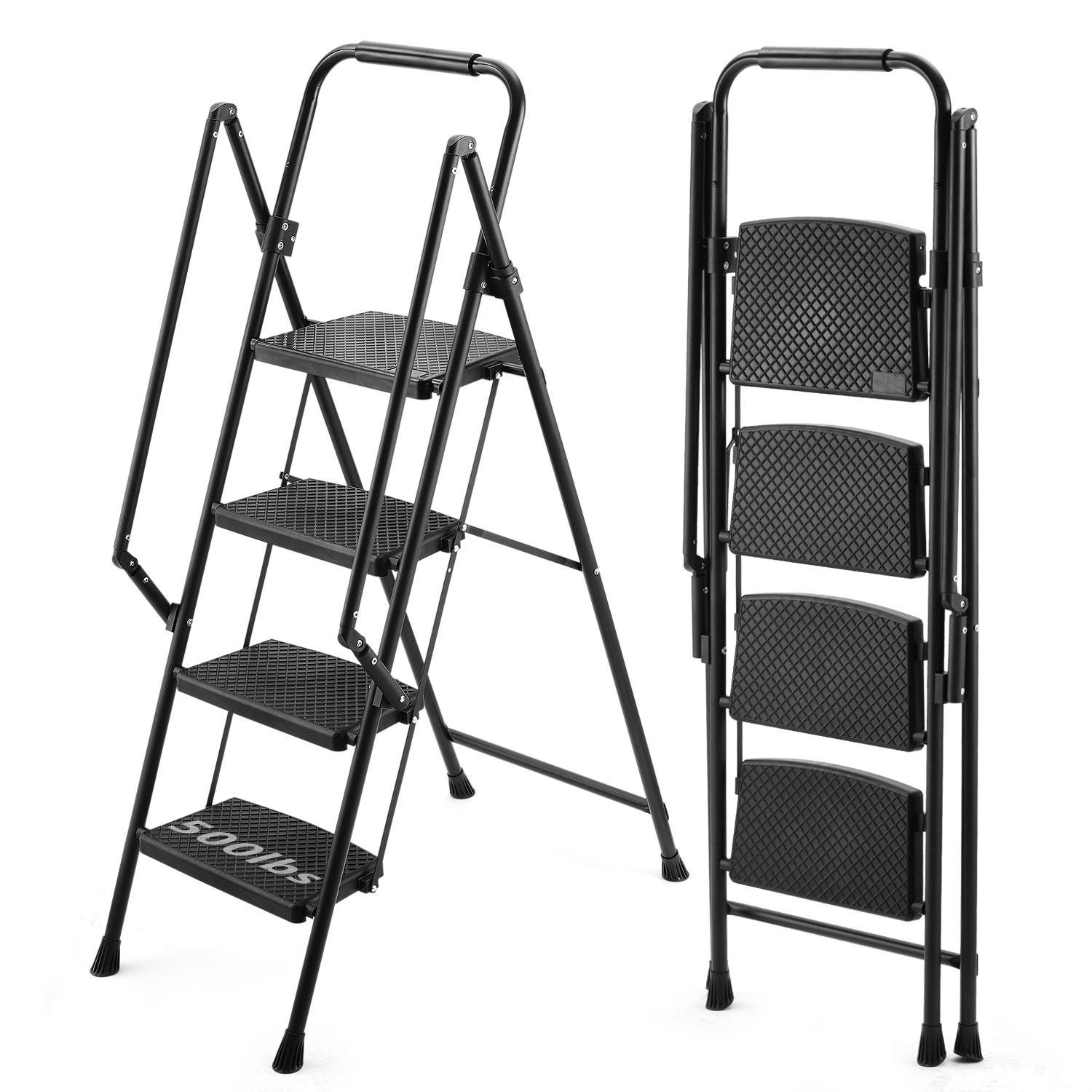 Four step ladder, lightweight folding four step stool, wide anti slip pedal and safety handle, sturdy steel ladder - Korvel