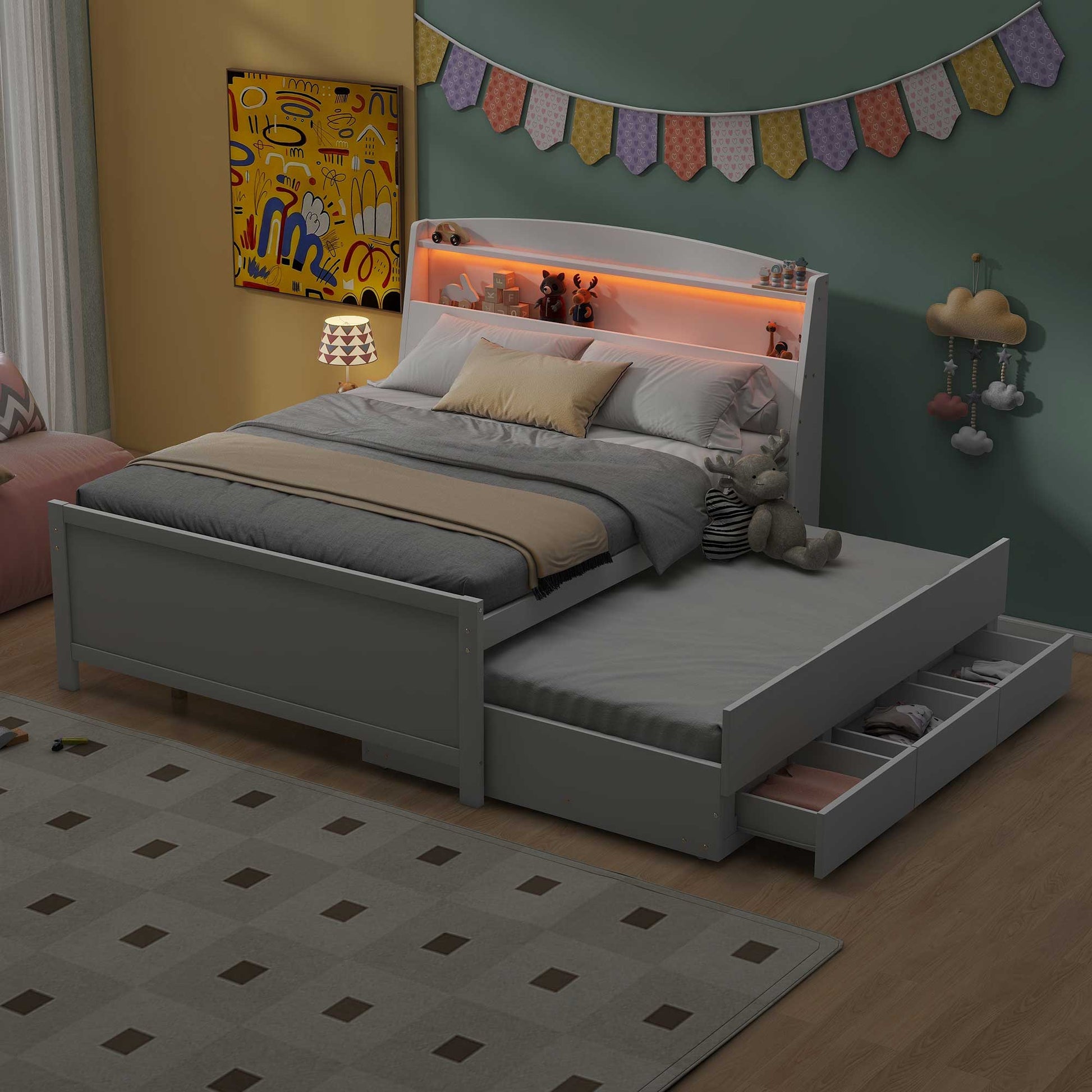 Full Size Platform Bed with Storage LED Headboard  Twin Size Trundle and 3 Drawers White - Korvel