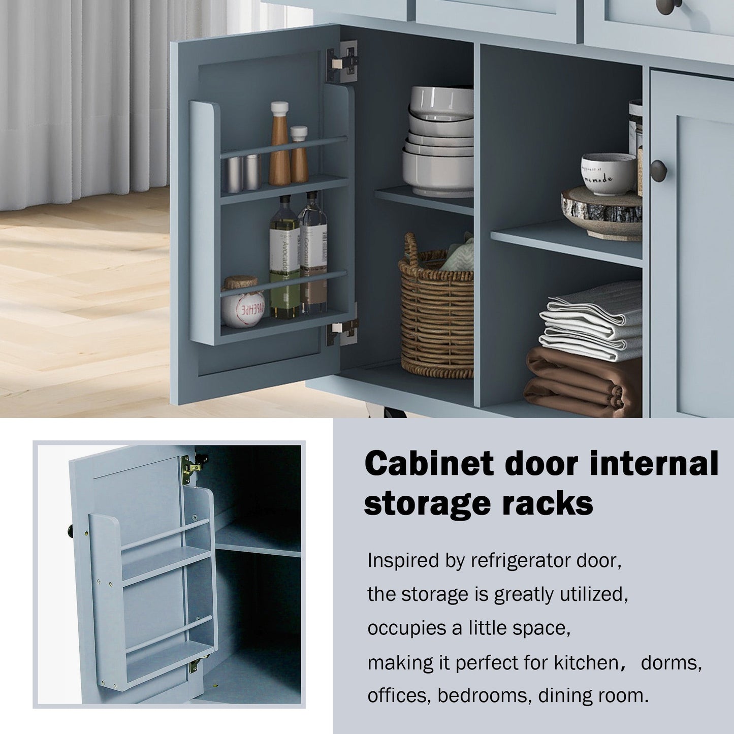 Kitchen handcart with rubber wood leaf countertop, storage cabinet, shelf, and 3 dining room drawers, gray blue - Korvel