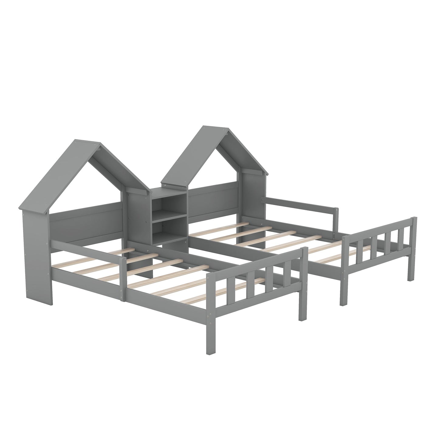 Double Twin Size Platform Bed with House-shaped Headboard and a Built-in Nightstand  Grey - Korvel