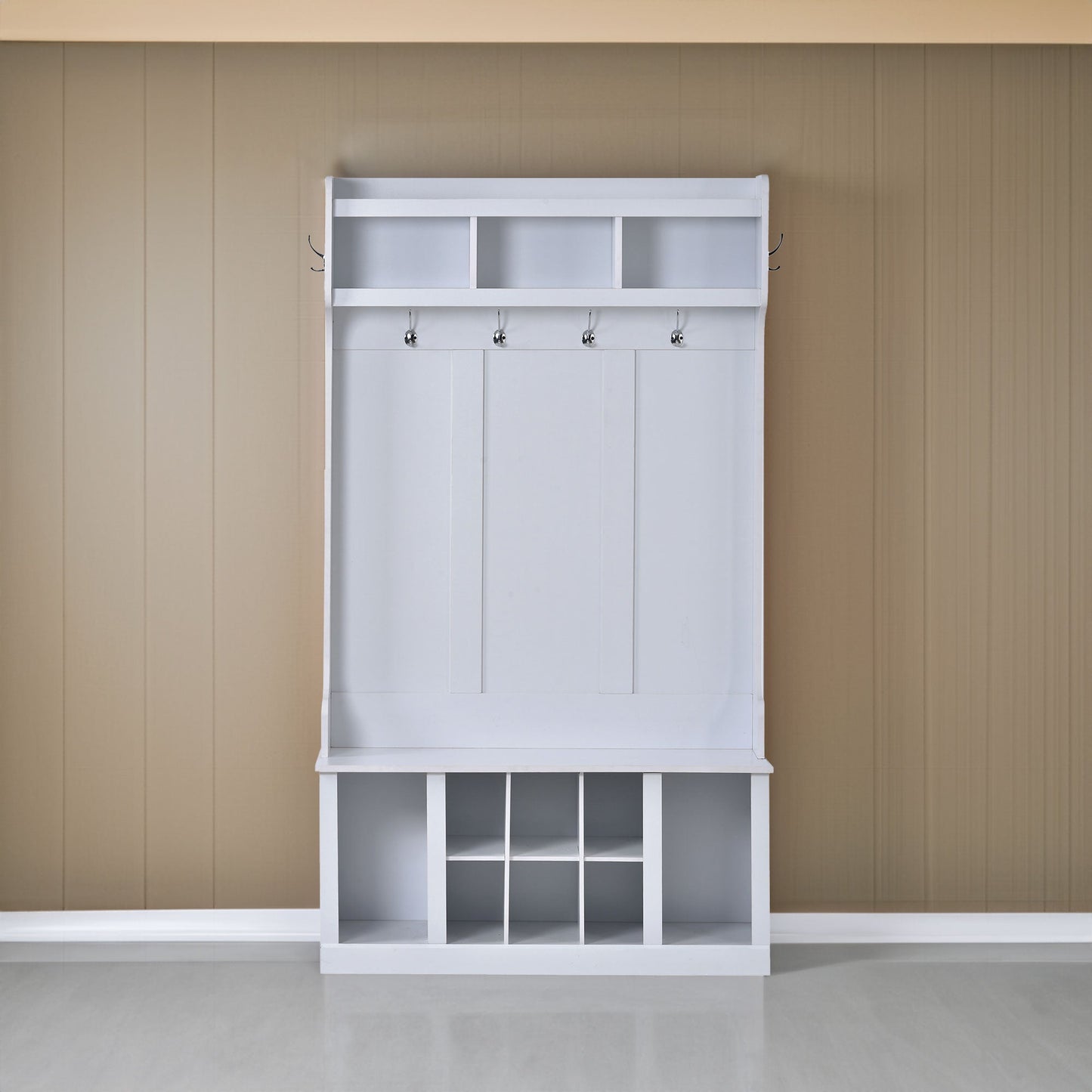 U-Can Hall Tree with 6 Hooks  Coat Hanger Entryway Bench Storage Bench (White) - Korvel