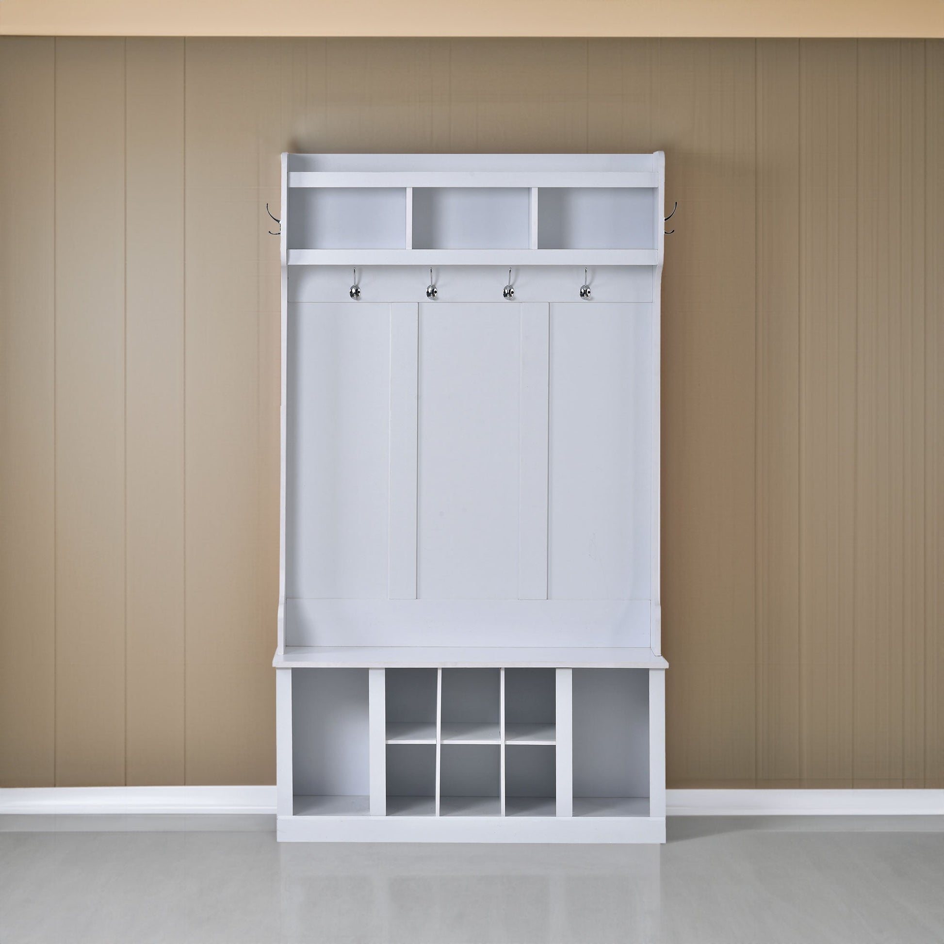 U-Can Hall Tree with 6 Hooks  Coat Hanger Entryway Bench Storage Bench (White) - Korvel