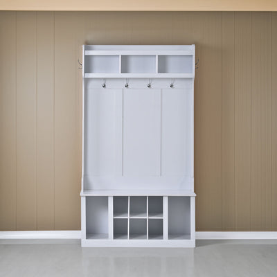 U-Can Hall Tree with 6 Hooks  Coat Hanger Entryway Bench Storage Bench (White) - Korvel