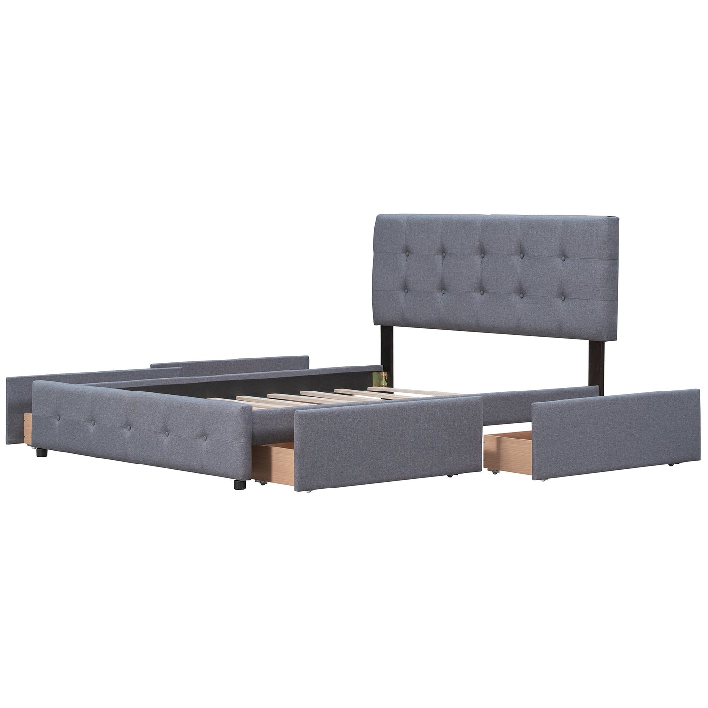 Upholstered Platform Bed with Classic Headboard and 4 Drawers No Box Spring Needed Linen Fabric Queen Size Dark gray - Korvel