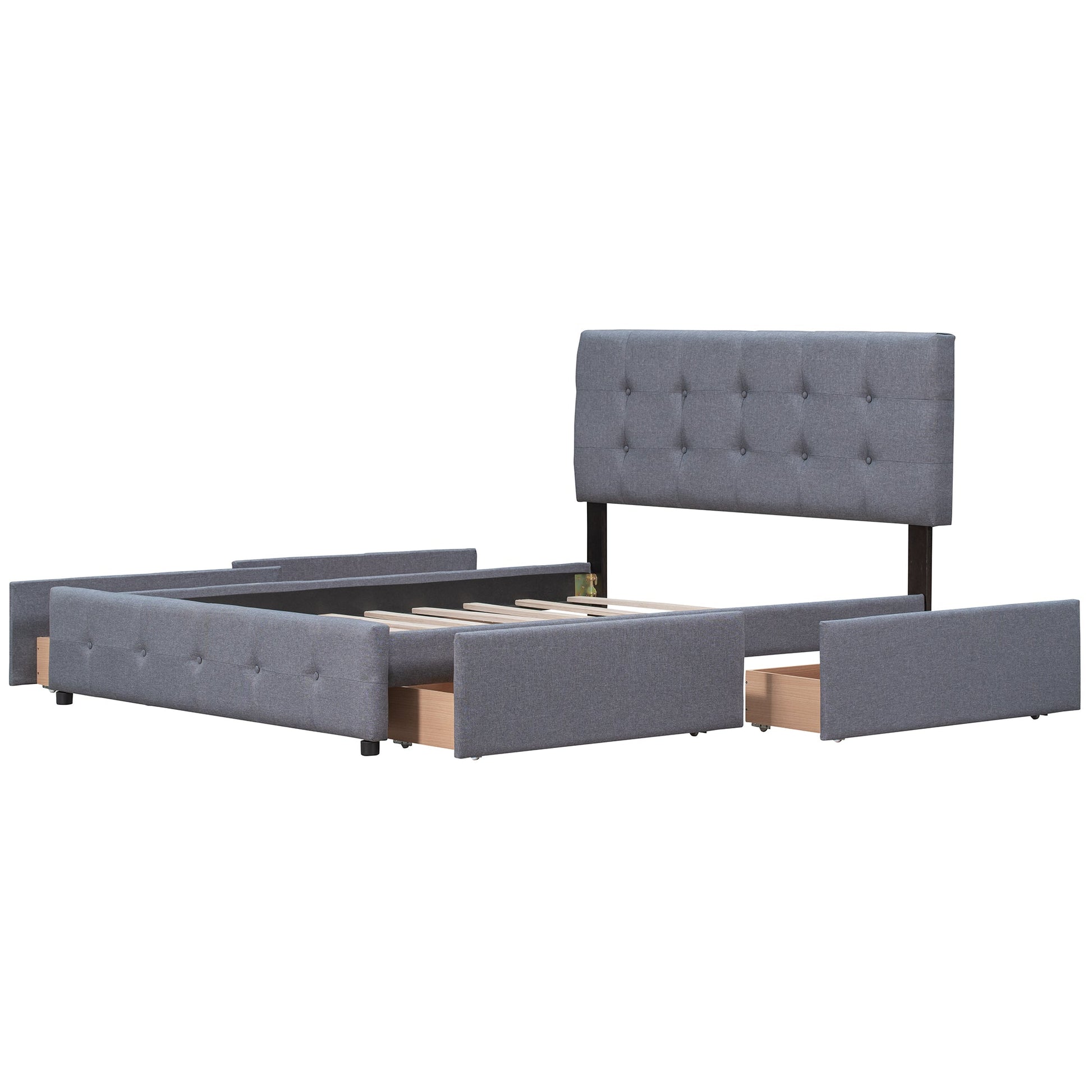 Upholstered Platform Bed with Classic Headboard and 4 Drawers No Box Spring Needed Linen Fabric Queen Size Dark gray - Korvel