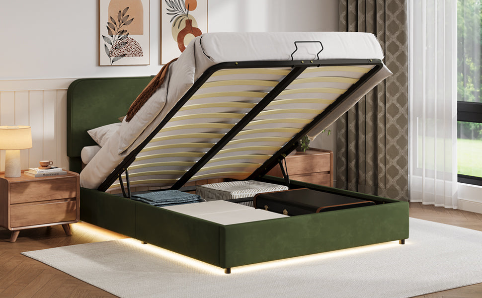 Hydraulic Storage Bed with RGB LED Lights and Bluetooth Speaker