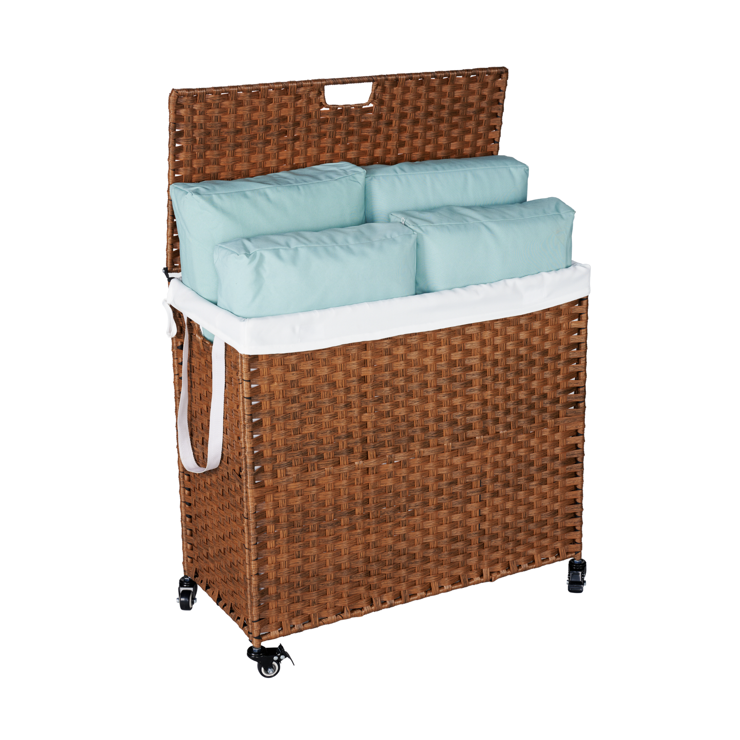 Laundry Hamper With Lid PE Rattan Powder Coating Frame Clothes Hampers with 02 Removable Bags, Wheels, 160L, Brown Color - Korvel