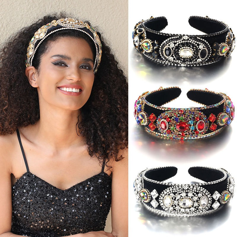 Fashionable Baroque Retro Inlaid Colored Water Diamond Sponge Head Hoop - Korvel